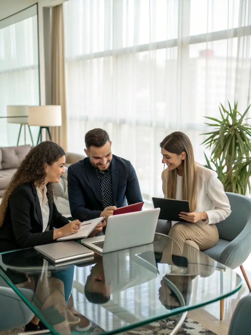 A professional photograph showing a diverse team of 4WardMiles employees collaborating on contract documents in a modern office setting, emphasizing teamwork and attention to detail.